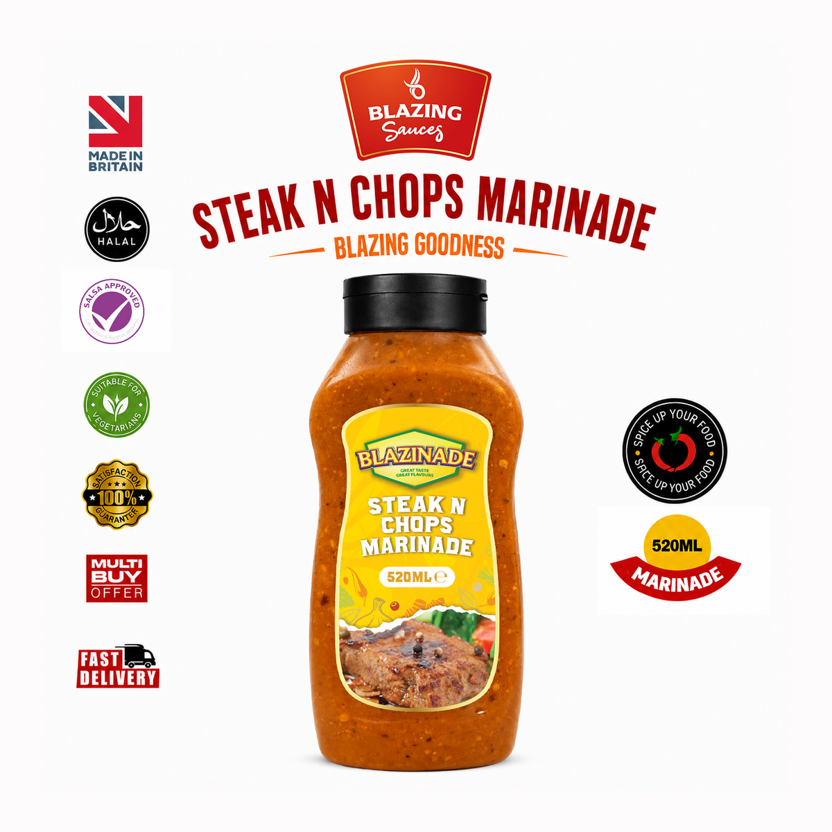 Blazing Steak n Chops Marinade Sauce 520ml, Savoury Meat Marinade, Grill and BBQ Sauce