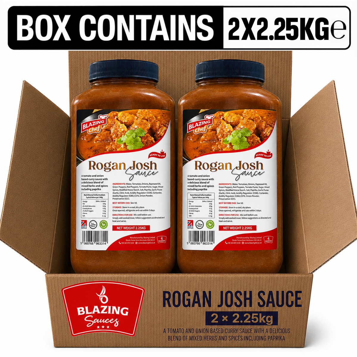 Blazing Rogan Josh Sauce 2.25kg, Premium Ready-to-Use Curry Sauce for Lamb & Meat
