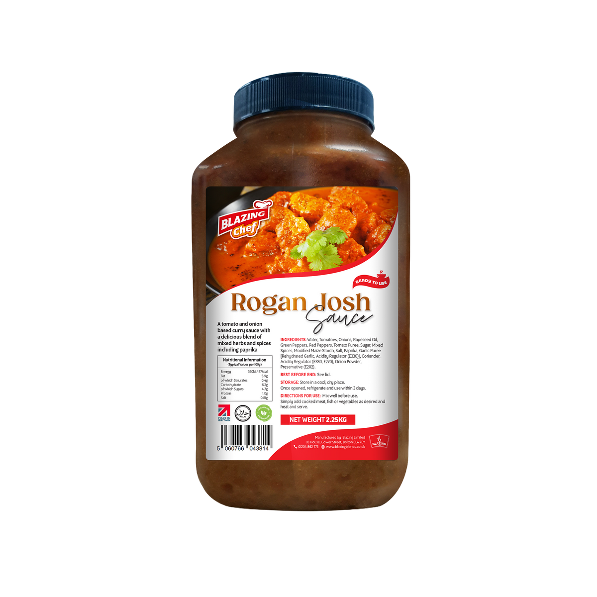 Blazing Rogan Josh Sauce 2.25kg, Premium Ready-to-Use Curry Sauce for Lamb & Meat