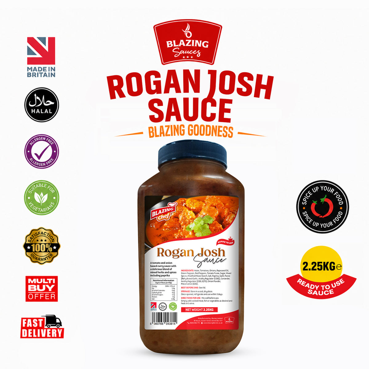 Blazing Rogan Josh Sauce 2.25kg, Premium Ready-to-Use Curry Sauce for Lamb & Meat