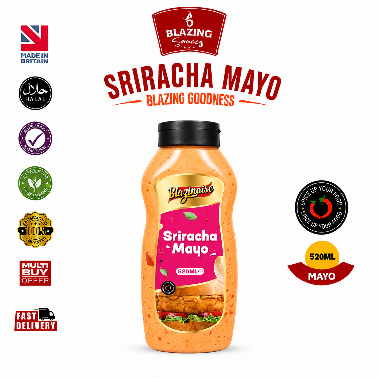 Peri Peri Sriracha Mayo 520ml, Spicy Chilli Garlic Mayonnaise, Dip and Dressing