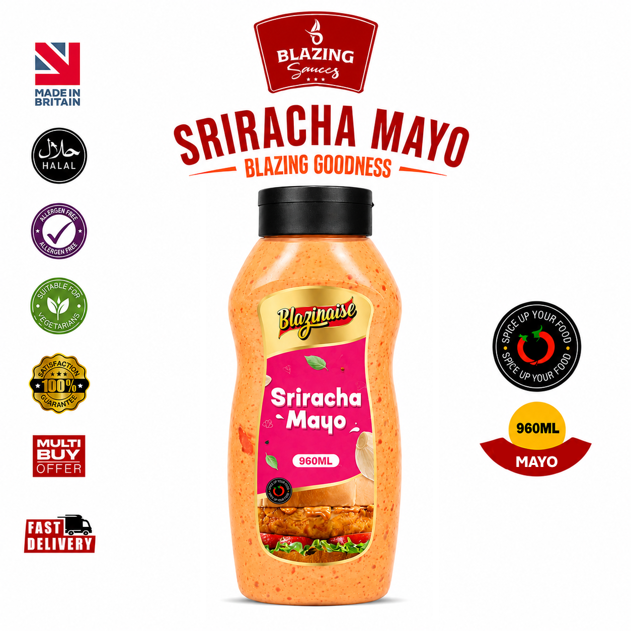 Peri Peri Sriracha Mayo 960ml, Spicy Chilli Garlic Mayonnaise, Dip and Dressing