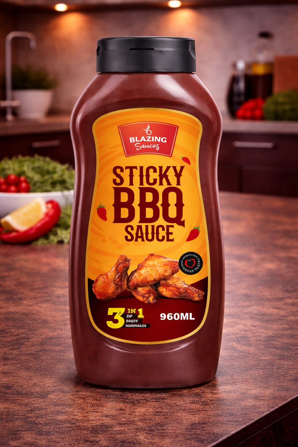 Blazing Sticky BBQ Sauce 960ml, Perfect for Chicken Wings, Ribs & More