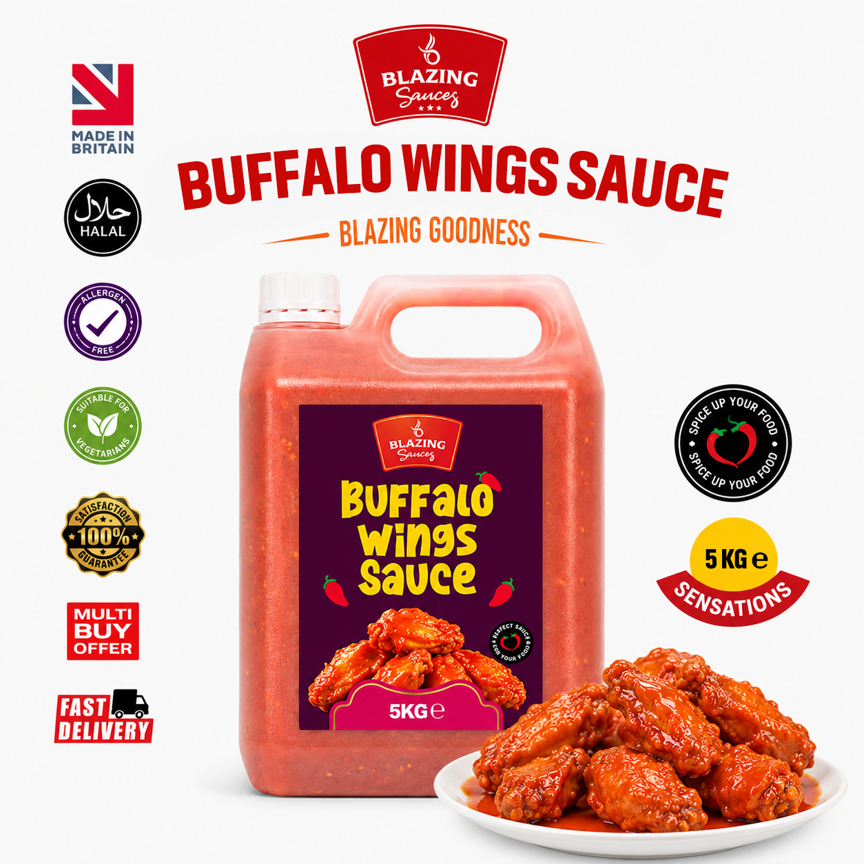 Blazing Buffalo Wings Sauce 5kg, Classic Spicy Wing Sauce, Dip and Dressing