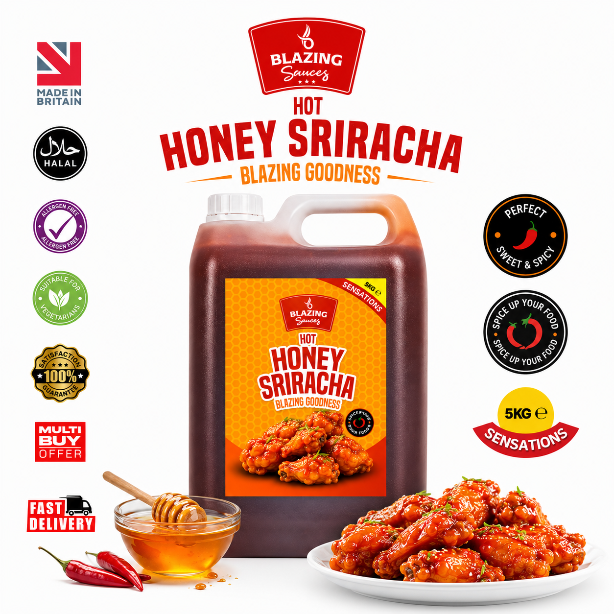 Blazing Honey Sriracha Wings Sauce 5kg, Sweet and Spicy Sticky Glaze