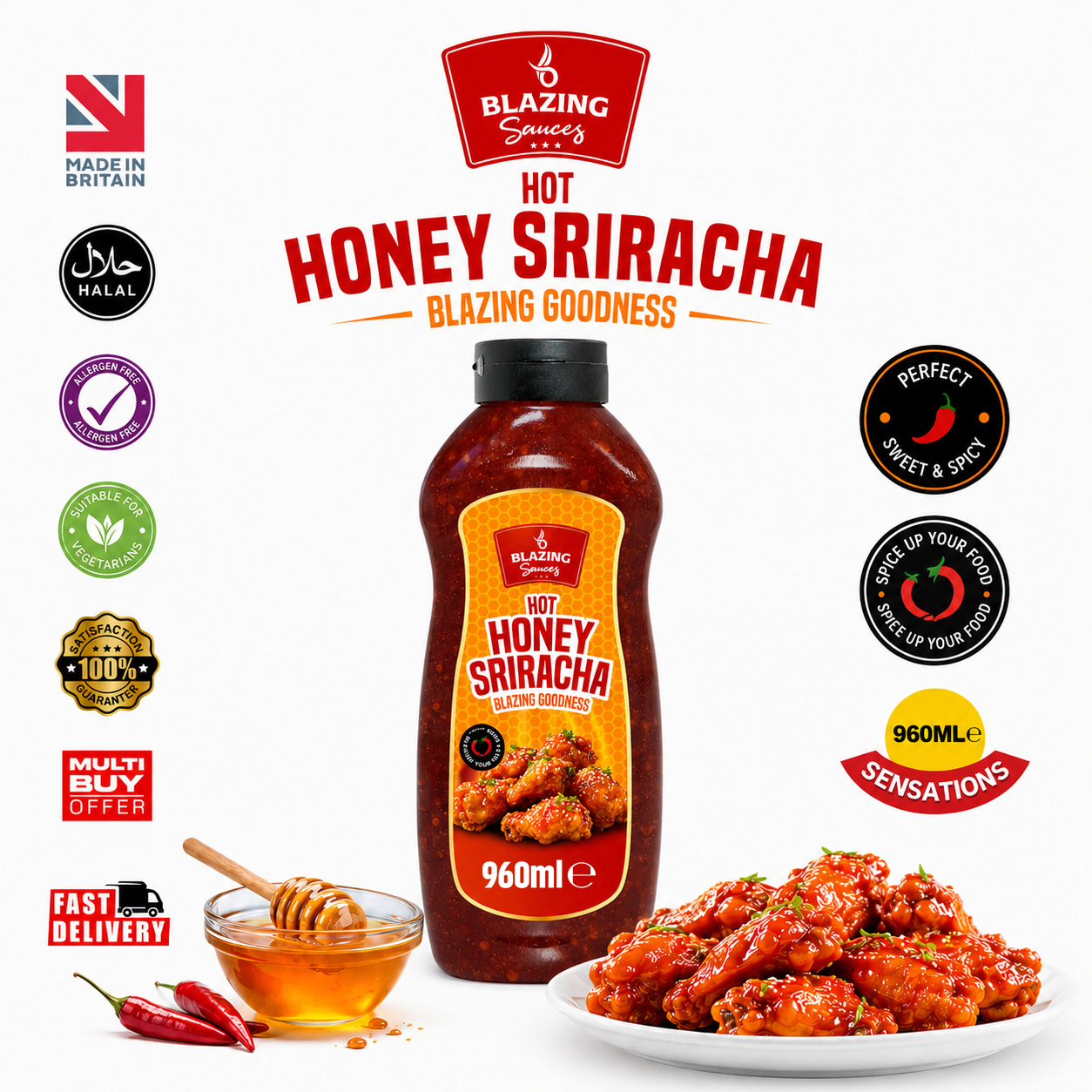 Blazing Honey Sriracha Wings Sauce 960ml, Sweet and Spicy Sticky Glaze