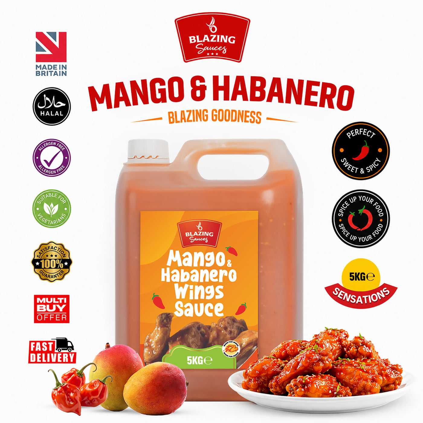 Blazing Mango Habanero Sauce 5kg, Sweet Heat Peri Peri Glaze & Marinade