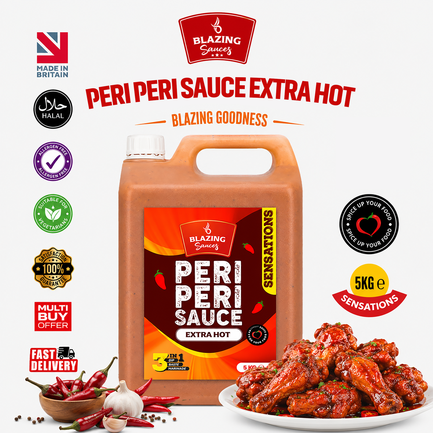 Blazing Extra Hot Peri Peri Sauce 5kg, Fiery Chicken Baste, Dip & Marinade