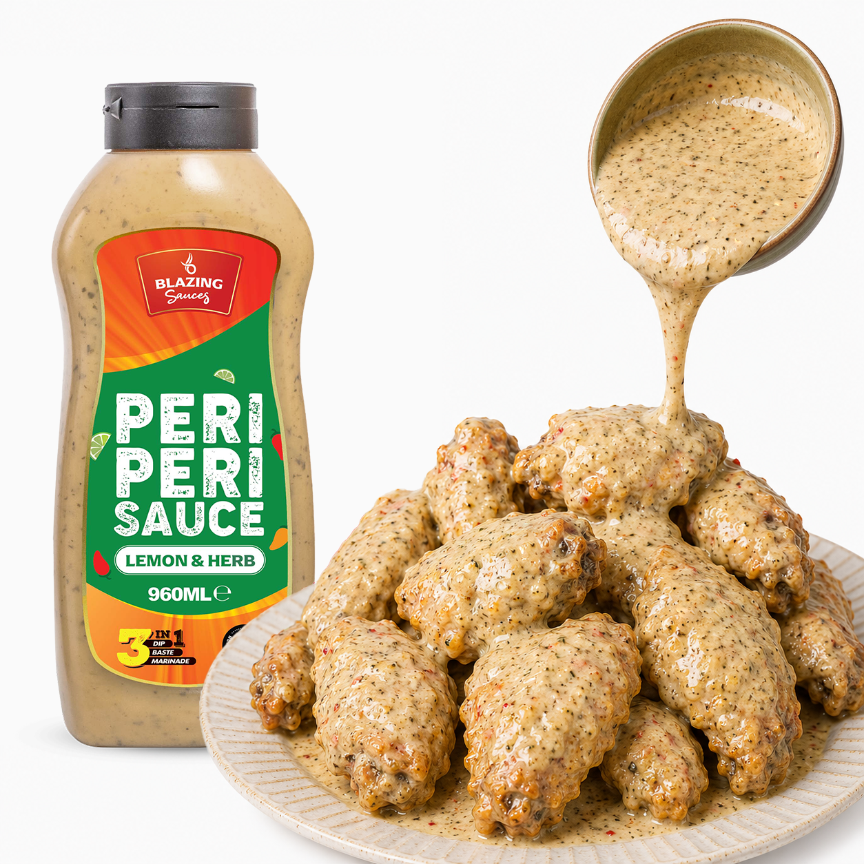 Blazing Lemon & Herb Peri Peri Sauce 960ml, Zesty Chicken Baste, Dip & Marinade
