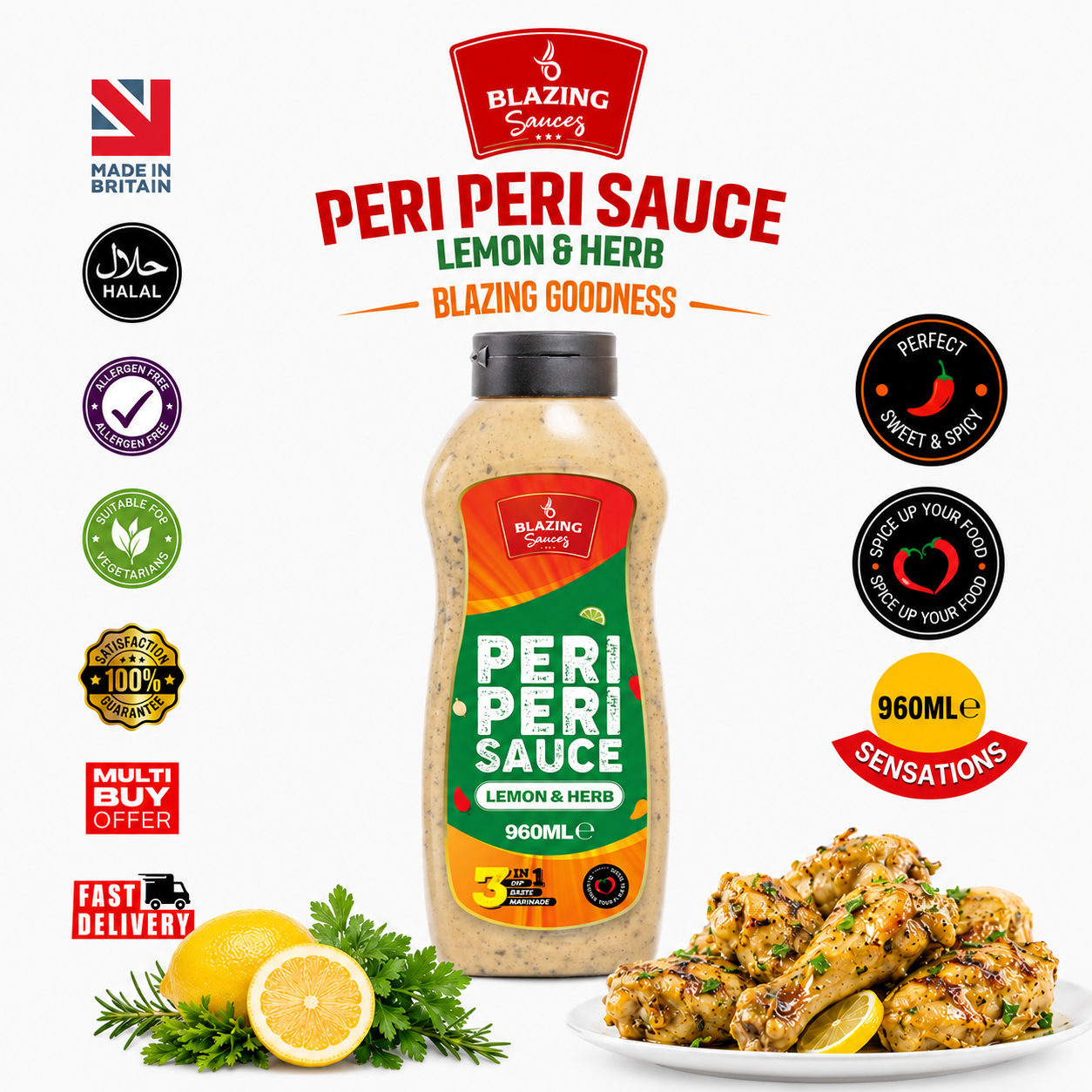 Blazing Lemon & Herb Peri Peri Sauce 960ml, Zesty Chicken Baste, Dip & Marinade