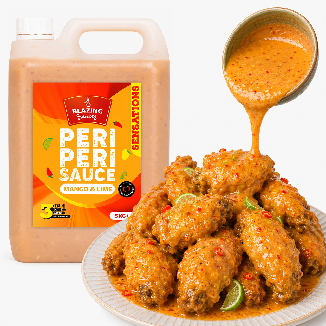 Blazing Peri Peri Mango & Lime Sauce 5kg, Sweet & Zesty Chicken Glaze, Dip & Marinade