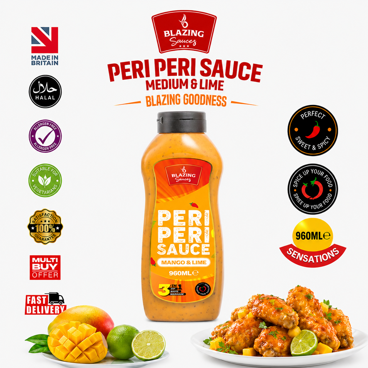 Blazing Peri Peri Mango & Lime Sauce 960ml, Sweet & Zesty Chicken Glaze, Dip & Marinade (Copy)