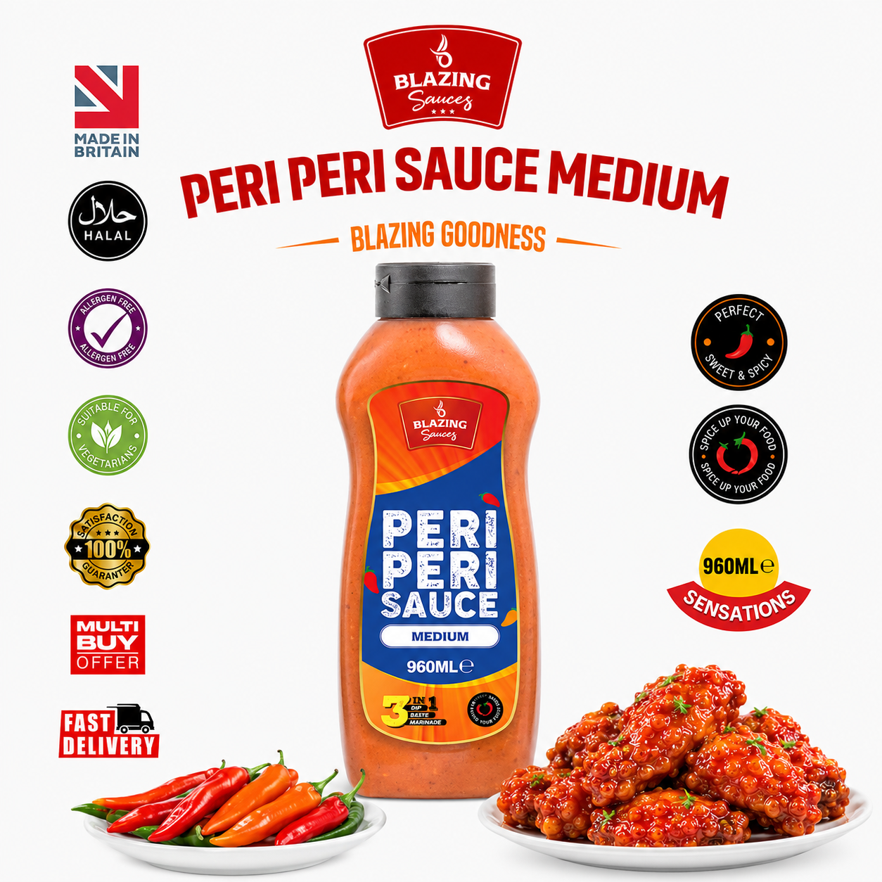 Blazing Medium Peri Peri Sauce 960ml, Bold & Balanced Peri Heat
