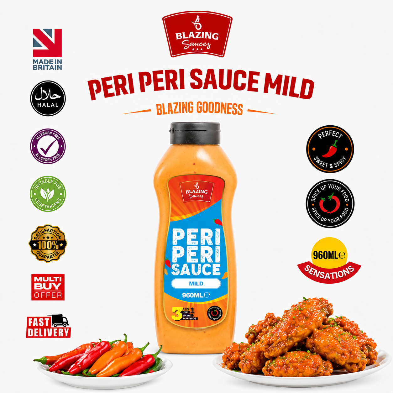 Blazing Mild Peri Peri Sauce 960ml, Subtle Spice Peri Peri Flavour