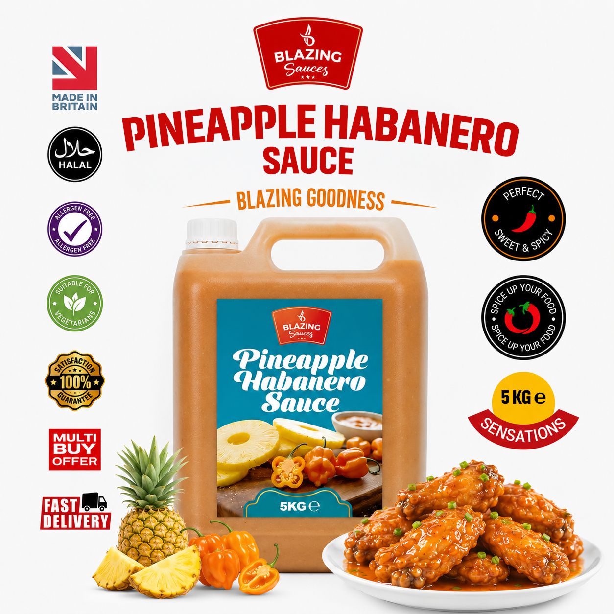 Blazing Pineapple Habanero Sauce 5kg, Sweet Heat for Chicken, Burgers and Vegetables