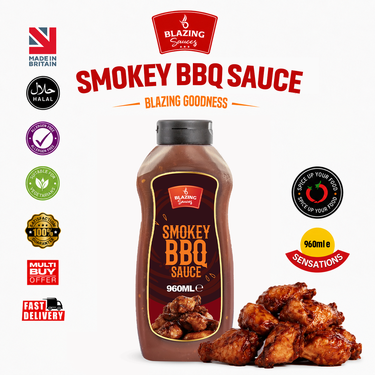 Blazing Smokey BBQ Wings Sauce 960ml, Smoky Chilli Glaze & Marinade